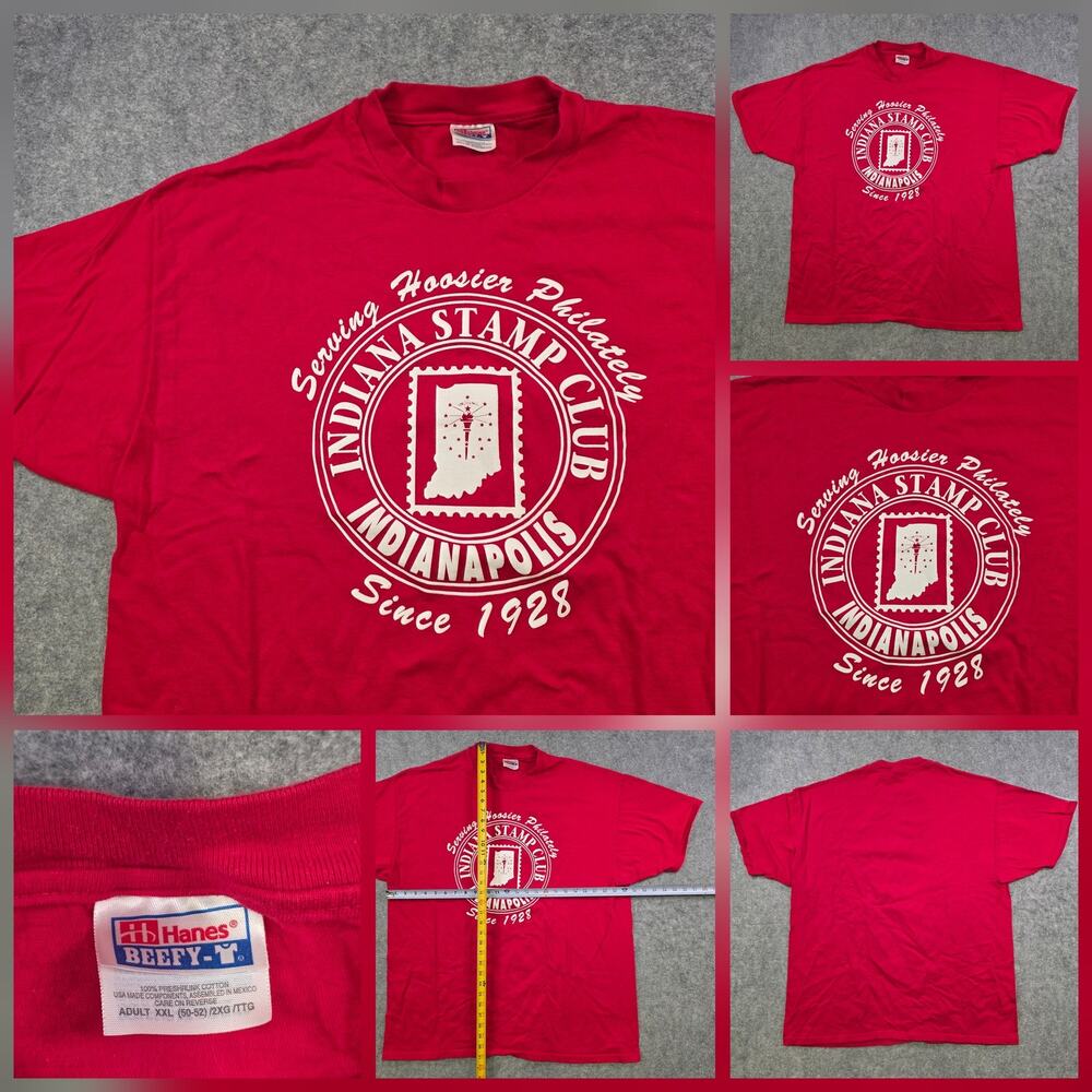 VTG Y2K Indiana Stamp Club T Shirt Mens 2XL Red Hanes Philately Indianapolis Tee